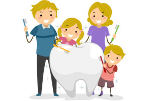 Illustration of Stickman Family holding a Toothbrush cleaning a Big Tooth